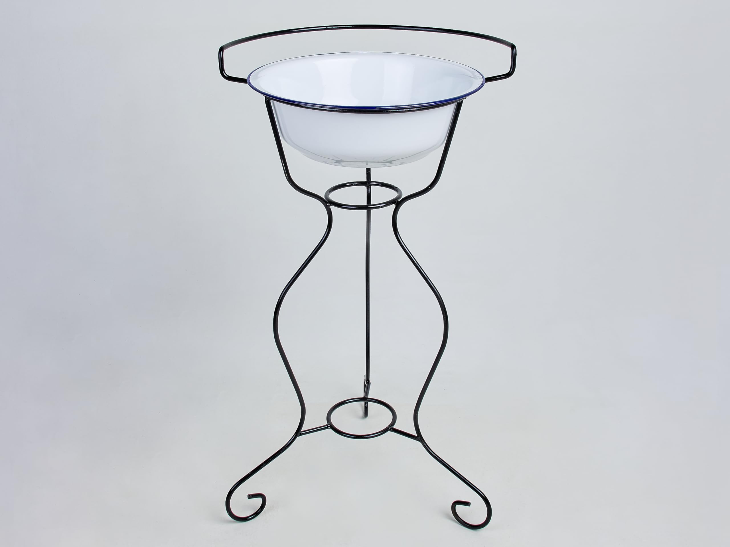 Palangana Esmaltada Blanca con Soporte de Forja – Estilo Vintage Decorativo, Altura 81 cm