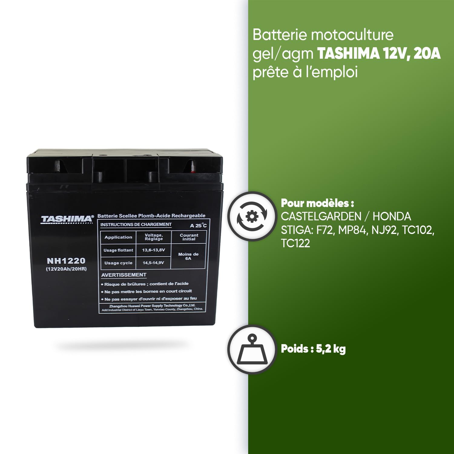 TASHIMA - Batterie 12V 20AH NH1220 Motoculture - Technologie Plomb Étanche Gel Sans Acide - Borne + À Droite - Pour Moteurs Thermiques Type Tracteur, Tondeuse À Gazon Autoportée & Motoculteur
