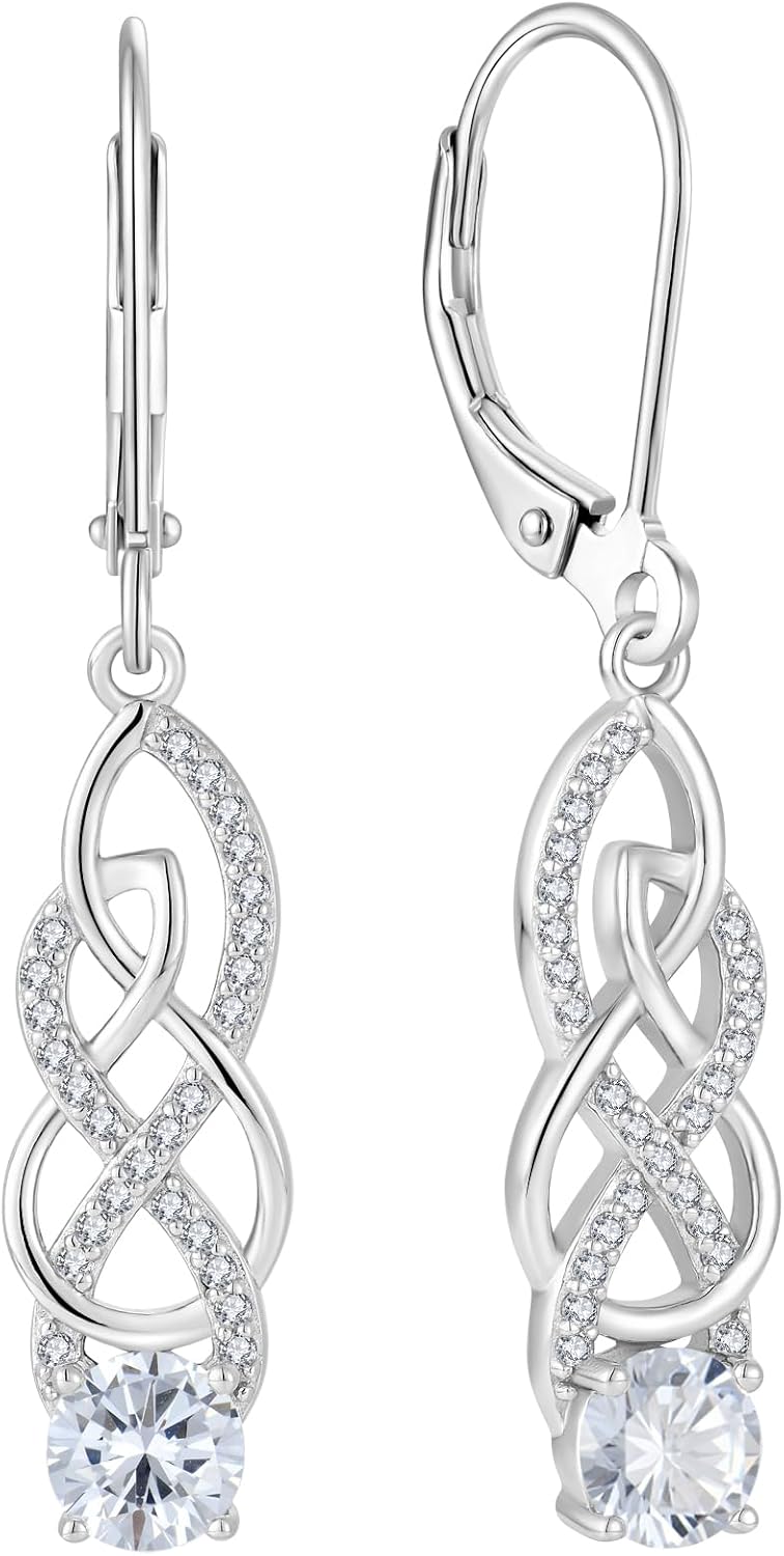 Twisted Earrings 925 Sterling Silver 5A Cubic Zirconia Dangle Drop Earrings Leverback Earrings Women Birthstone Jewelry