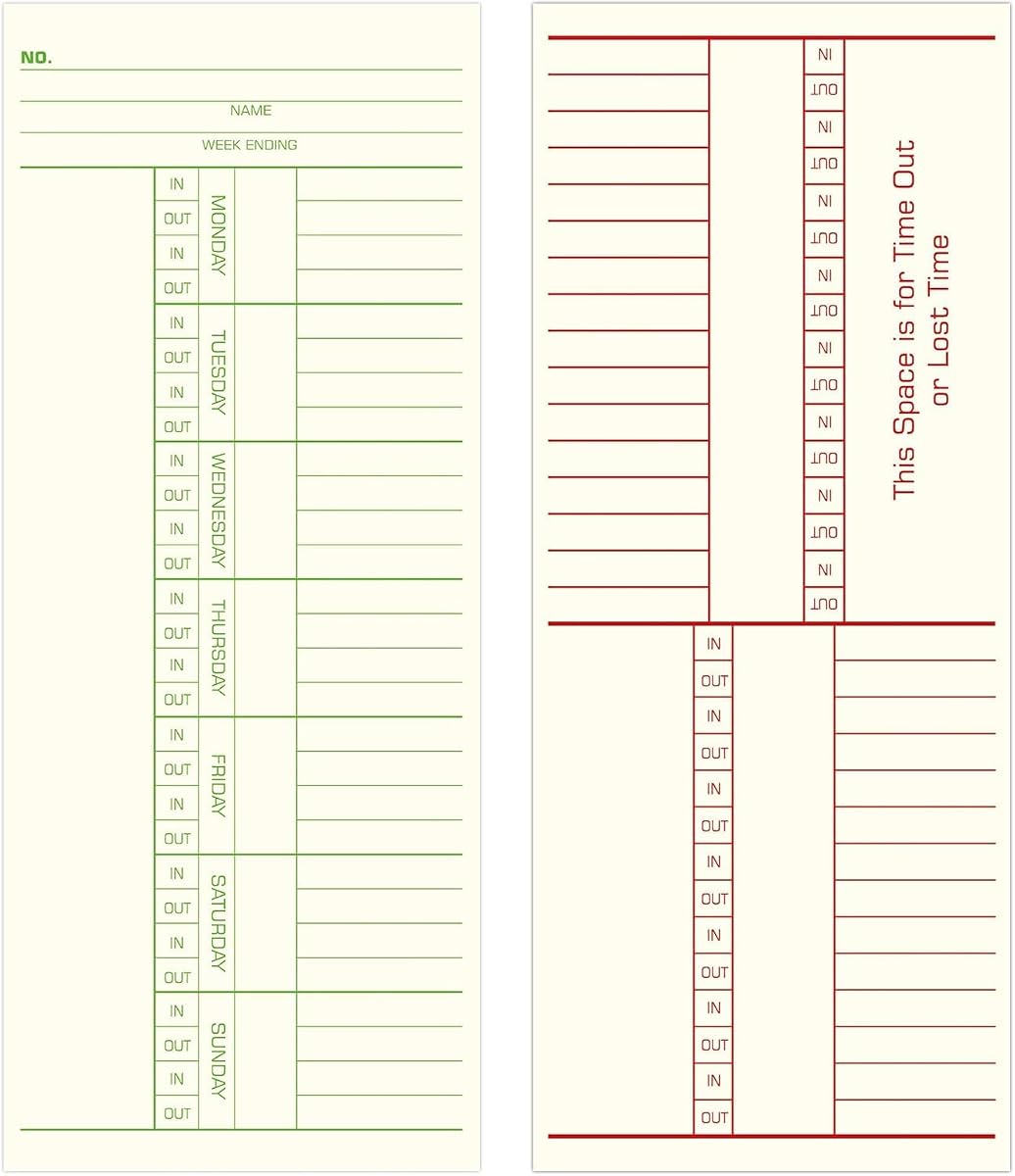 Weekly Time Cards 2-Sided, Named Days, 3-3/8" x 8-1/4", 1000-Count, Time Cards for Employees, Green/Red Print, Timecards for Time Clocks