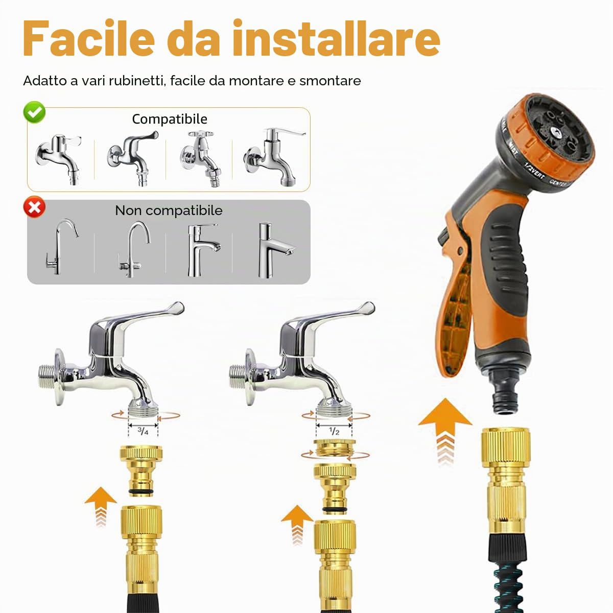 Tubo da giardino flessibile 30 m/100 FT arancione, tubo con 10 funzioni | con ugello spray e connettori in ottone da 3/4" e 1/2",, 3 estensibili, senza pieghe, per giardino, pavimento, terrazza