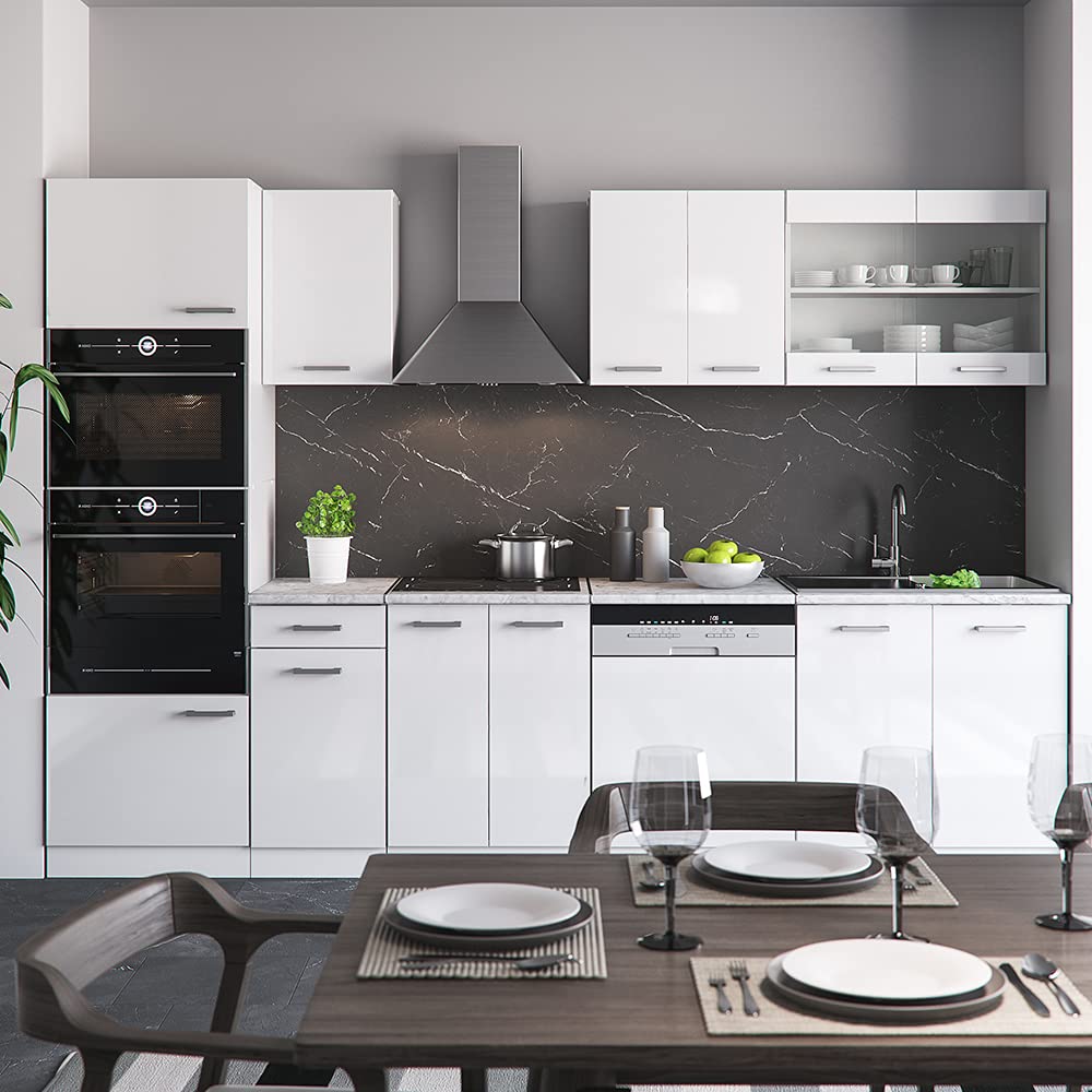 Cuisine Fame-Line, 300 cm sans plan de travail, Blanc campagne/blanc