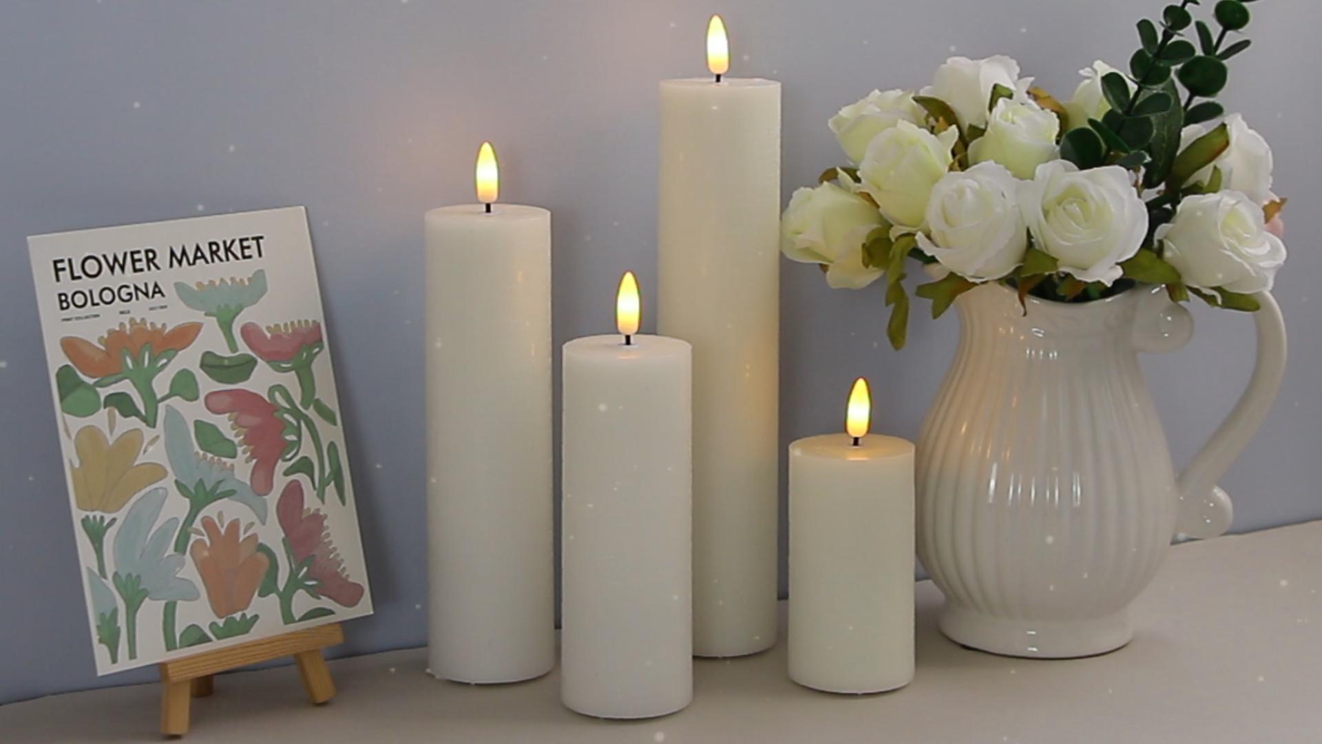 Image of LED 2.2 inch x4 inch 6 inch 8 inch 10 inch Battery Operated Remote Cycle Timer White Candles, Set of 4 Flameless Flickering Wax Pillar Dimmable Warm Light Fake Candles for Home Wedding Decor