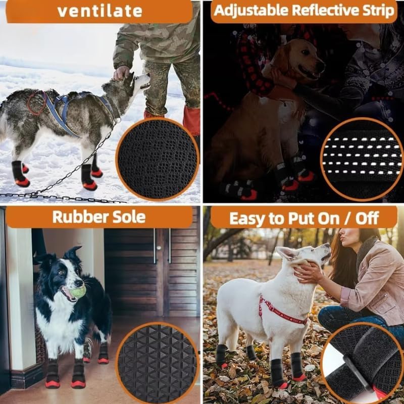 4pcs Waterproof Dog Shoes Waterproof Rubber Dog Boots Breathable Warm Reflective Tape Dog Shoes Comfortable Non Slip Pet Product