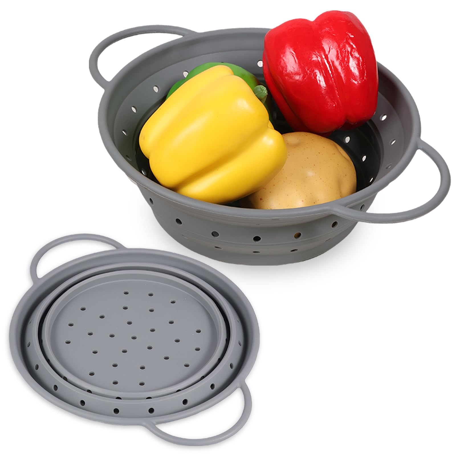 GWCYMYD 2 Pcs Foldable Colander Strainer, Vegetable Drainer Basket Set with Non Slip Base, Silicone Collapsible Sink Colander, Washing Basket for Vegetables Fruits (Grey)