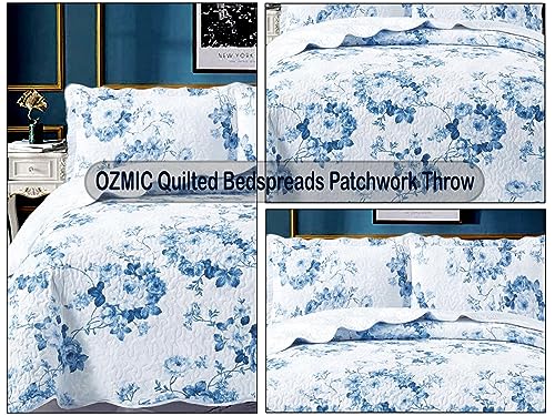 OZMIC Patchwork Bedspread Cotton Filling Box Pattern Reversible Quilted Throw For Bedroom Decor - Warm Quilt Coverlets Blankets Single Bed Bedspread with Pillow Case - Vintage Floral Blue - Image 2