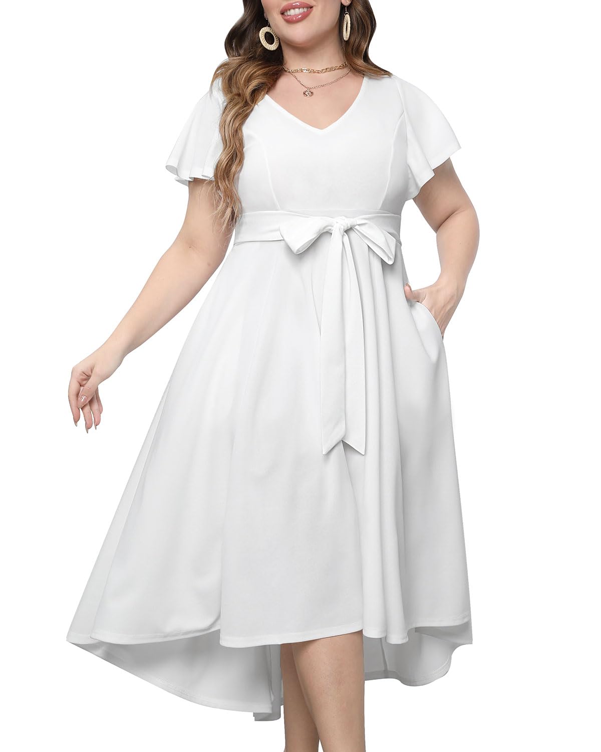 Pinup FashionWomen's Plus Size High Low Flutter Sleeves Wedding Guest Semi Formal Maxi Long Dress with Pockets
