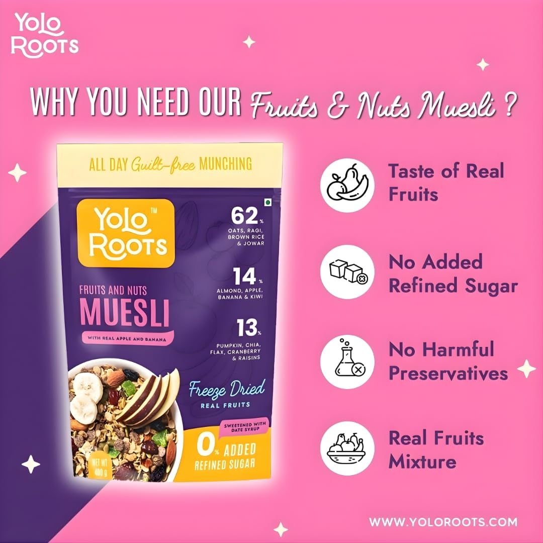 Yolo Roots Vegan Pro Protein Muesli 400g & Fruits & Nuts Muesli 400g Combo, No Added Sugar, Gluten Free, High Fiber Breakfast Cereal with Multigrains, Almonds, Fruits & Seeds, Healthy Energy Food (Pack of 2) 2