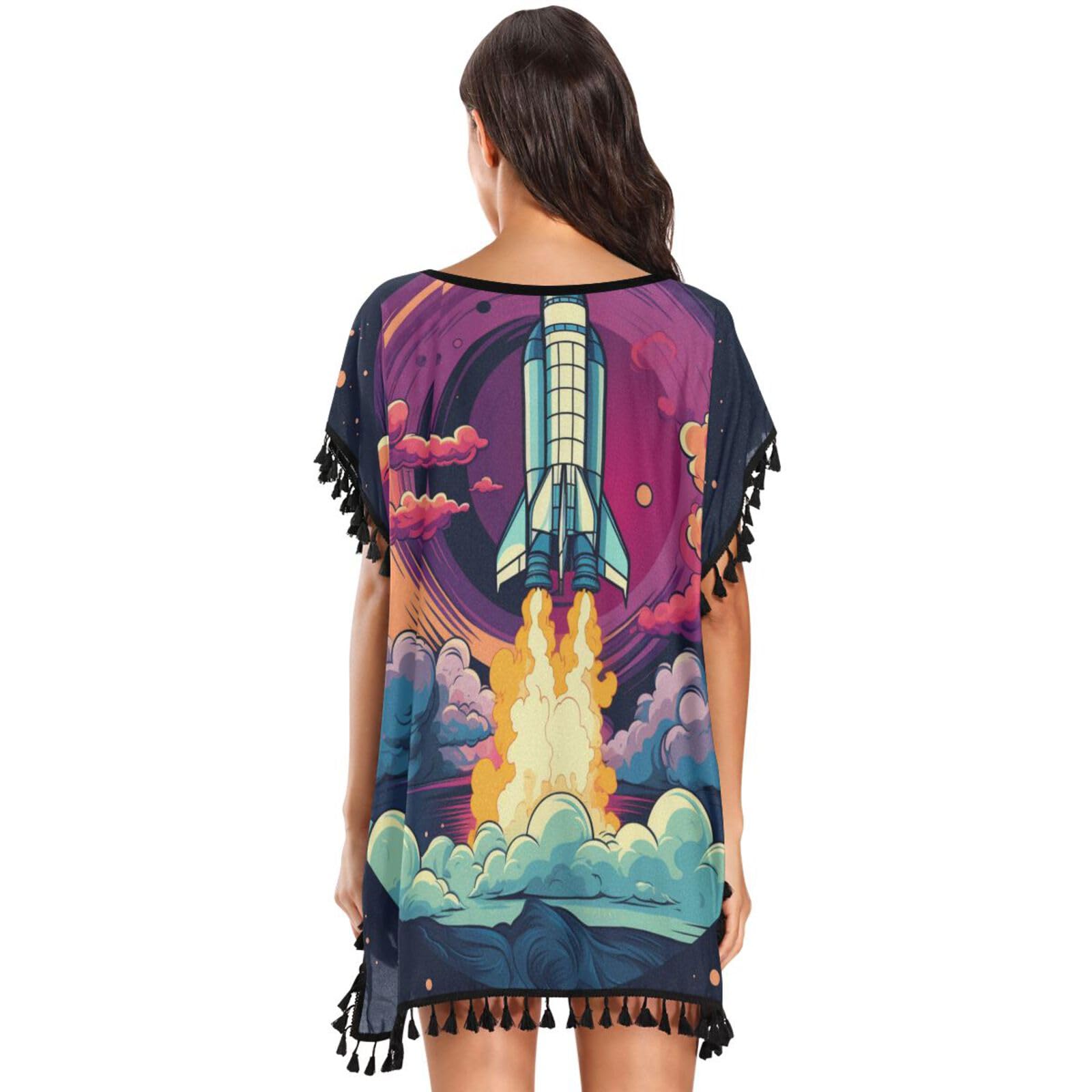 Cartoon Space Art Flying Rocket Women's Beach Cover Up Chiffon Tassel Swimwear Swimsuit Coverups for Girl