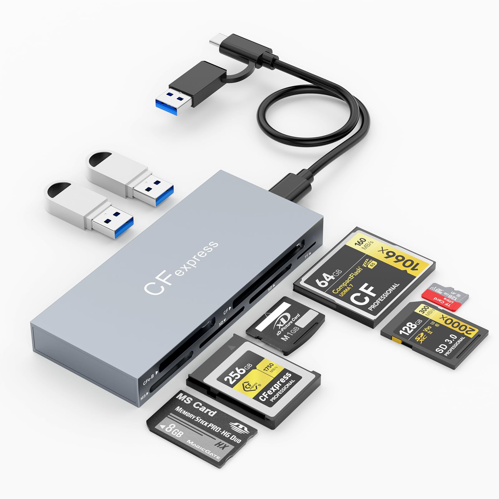 8-in-2 Lettore di Schede CFexpress di tipo B con 2 USB 10Gbps, Hub lettore di Schede CF Express USB3.2 Gen2 10Gbps per tipi CFexpress B/SD/TF/CF/XD/MS/USB, Legge 8 porte Simultaneamente