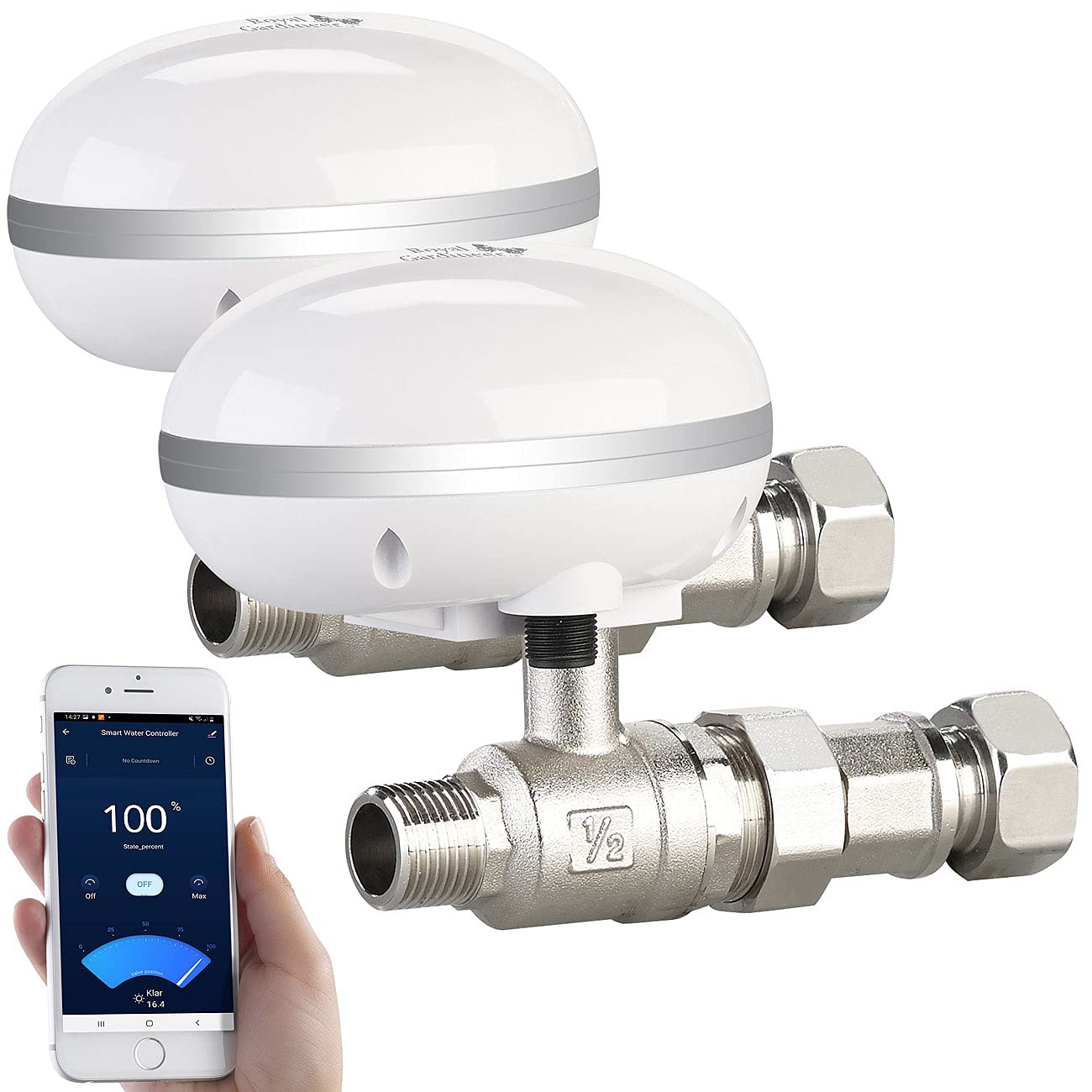 Royal Gardineer Bewässerungs-Steuergerät: 2er Pack WLAN-Bewässerungscomputer mit App-Steuerung (Bewässerungscomputer mit Ventil, Drosselventil, Samsung)