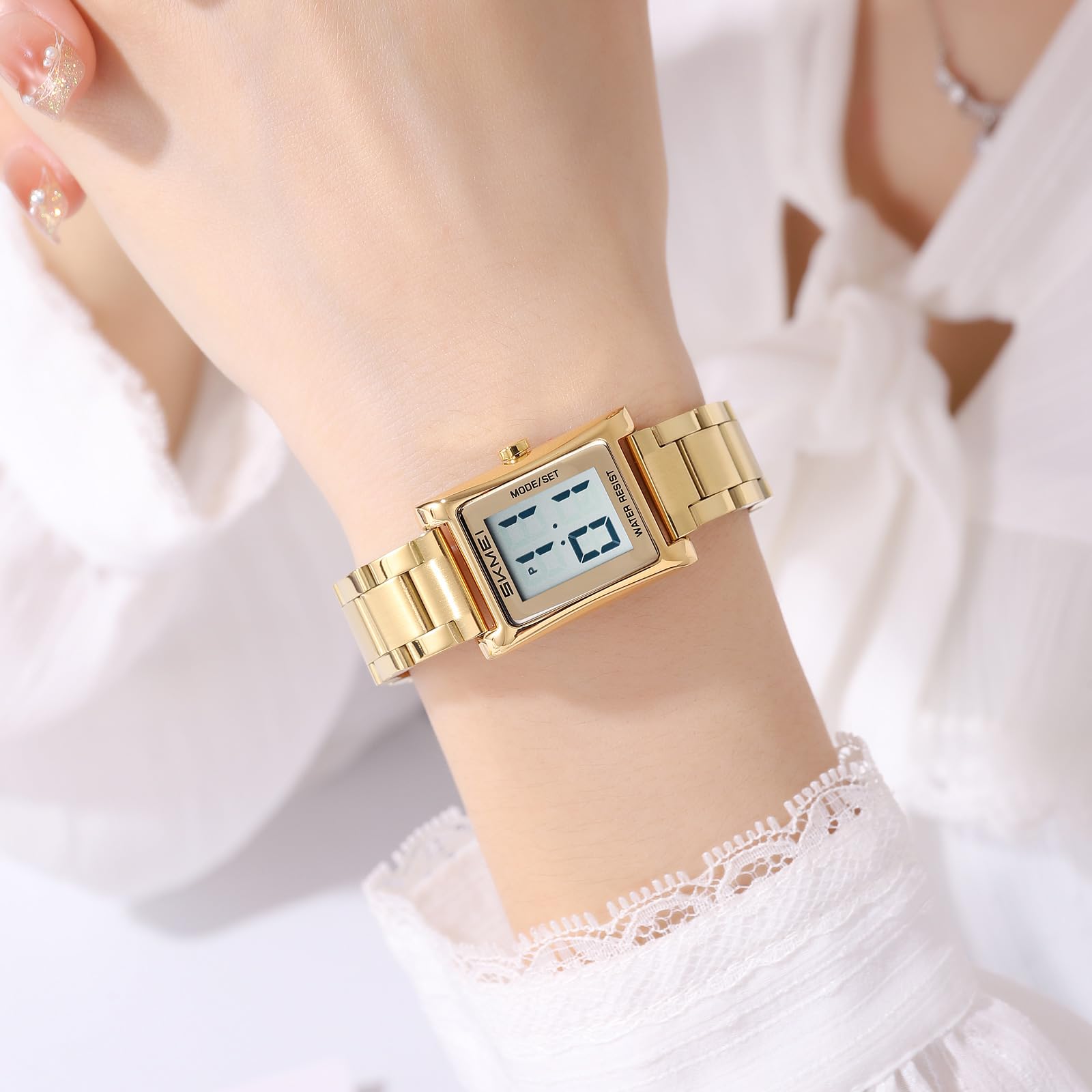Gosasa Reloj digital rectangular para mujer, correa de acero inoxidable, gran número, impermeable, pulsera dorada, casual, visualización de 12/24 horas, fecha y día