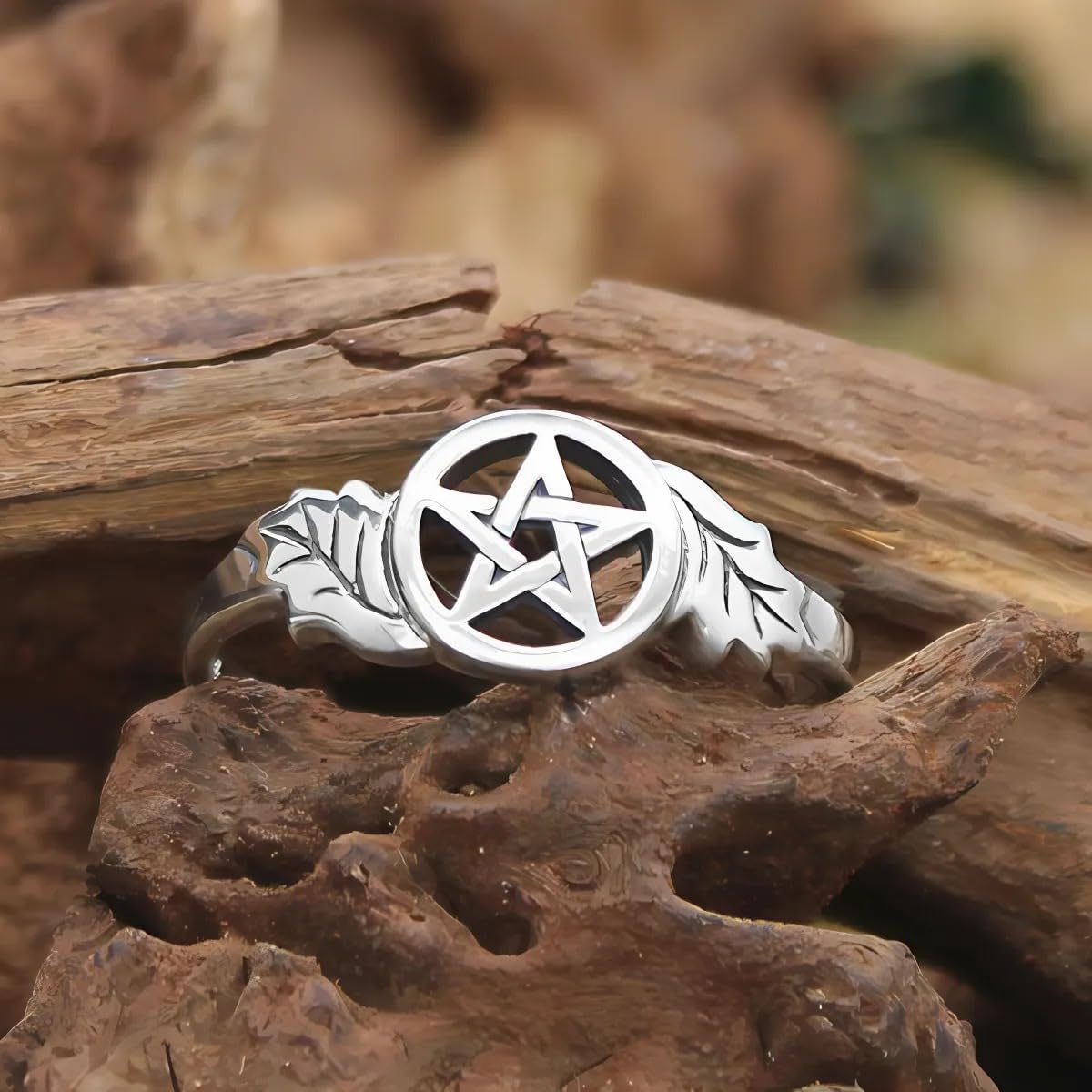 Moonlight Mysteries Oak Pentacle Ring | 925 Sterling Silver Wiccan Witch Pentagram Ring for Women | Size 4-15