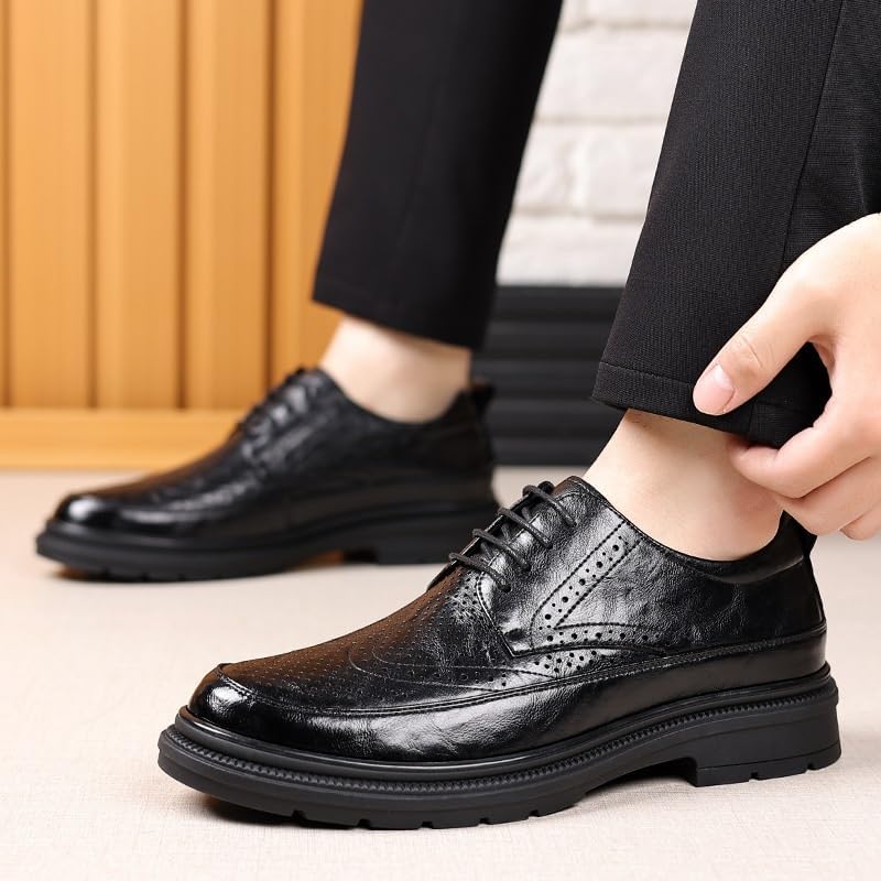 YZABEL Men's Leather Platform Lace Up Dress Oxford Shoes, Round Toe Breathable Hollow Business Casual Shoes, Soft-Soled Non-Slip for Formal and Everyday Wear2