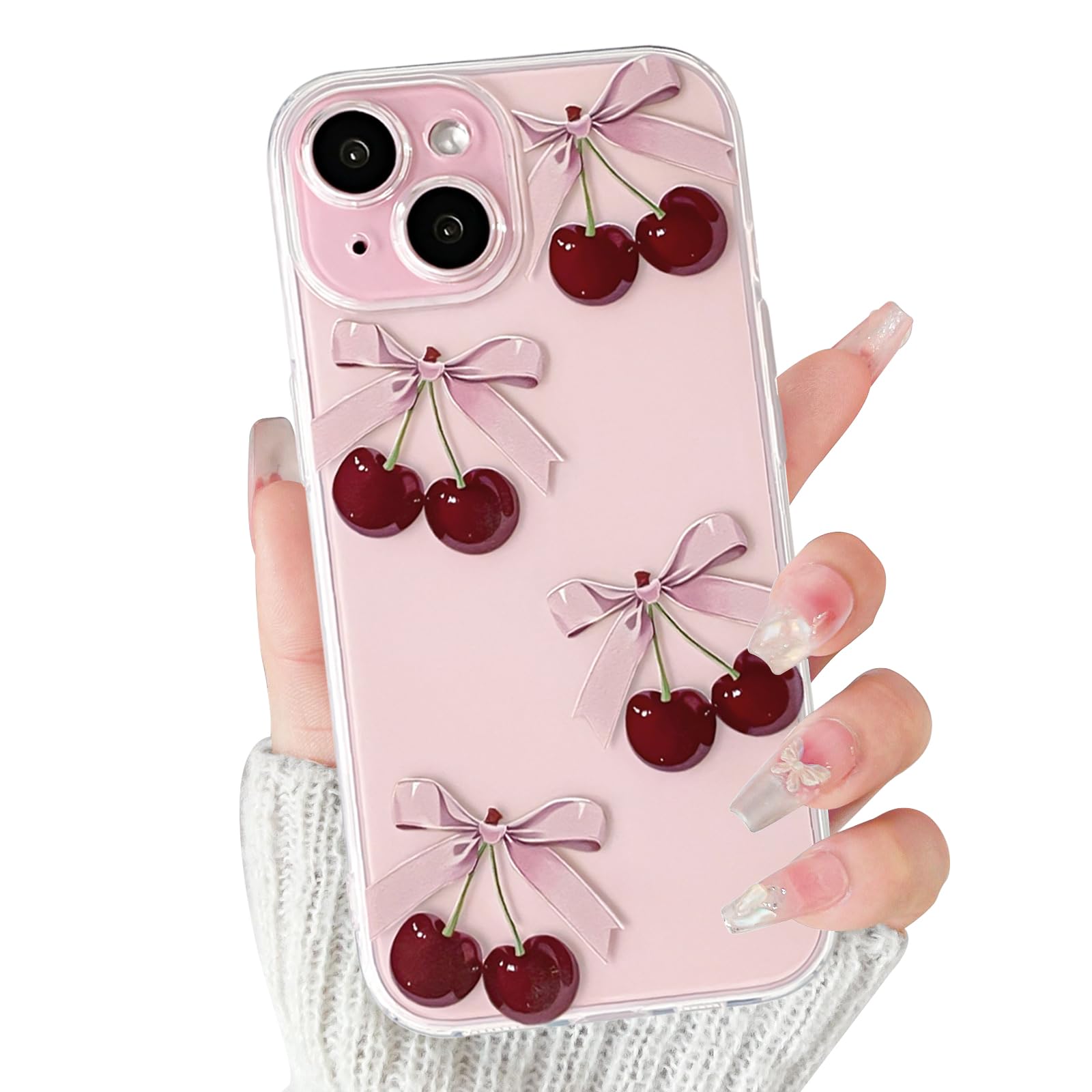 Lovmooful Compatible for iPhone 15 Case Cute Clear Cherry Bowknot with Aesthetic Design for Girls Women Soft TPU Shockproof Protective Girly for