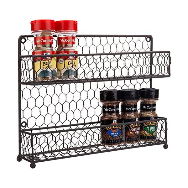 MyGift® Farmhouse Style Metal Wire Spice Rack - Wall Mount or Kitchen Countertop 2-Tier Seasoning Jar Storage Organizer, Brown
