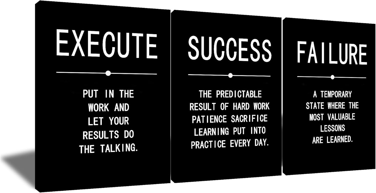 Success Quote Poster Inspirational Canvas Painting Wall Art Execute Failure Definition 3 Pieces Black Positive Motivational Framed Artwork Prints Picture for Living Room Office [36”Wx 16”H]