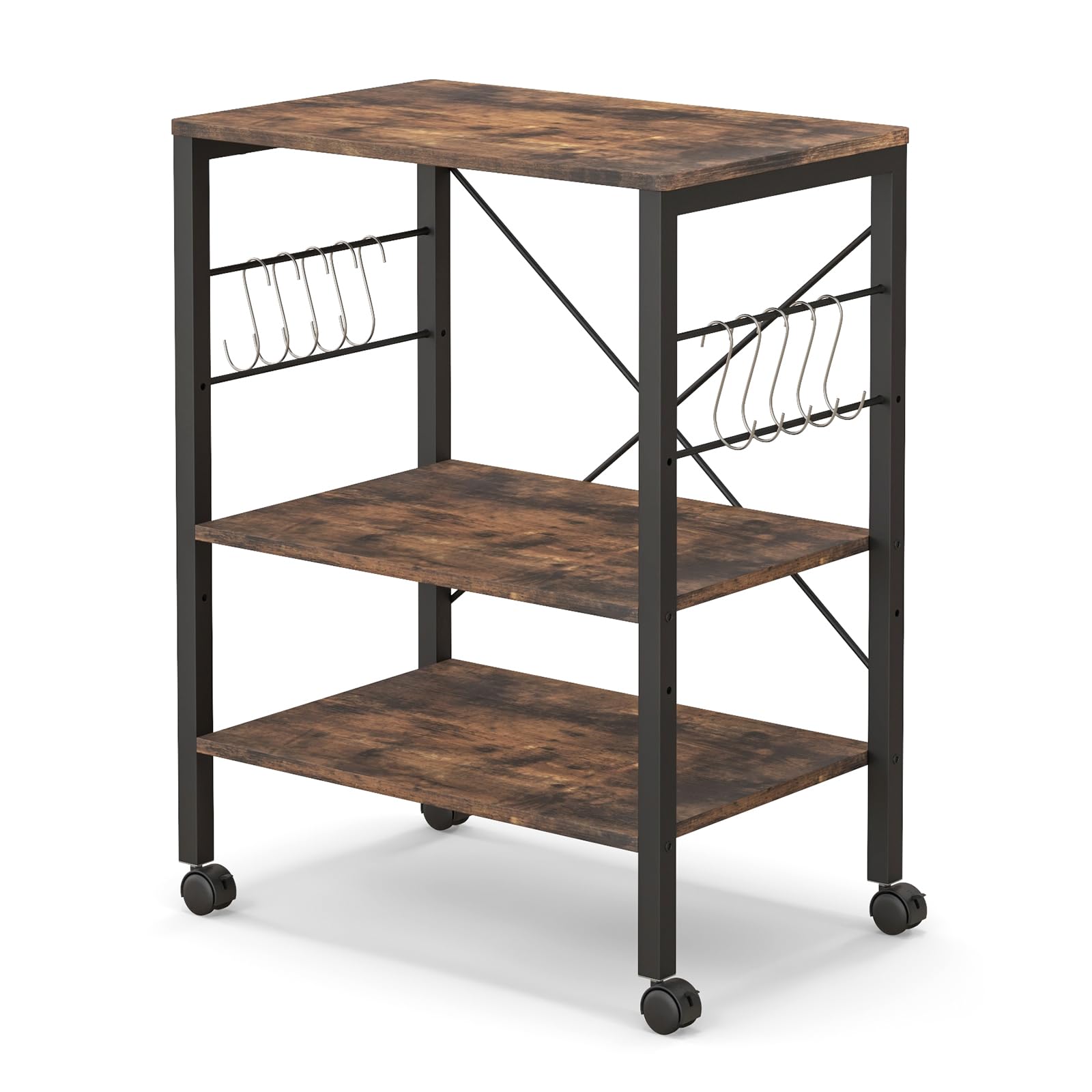 KOMFOTTEU Carrello da Cucina con Rotelle, Carrello a 3 Livelli con Ripiani Regolabili e 10 Ganci a S, Carrello di Servizio in Legno e Metallo, Carrello Multiuso per Ufficio Cucina (Industria)