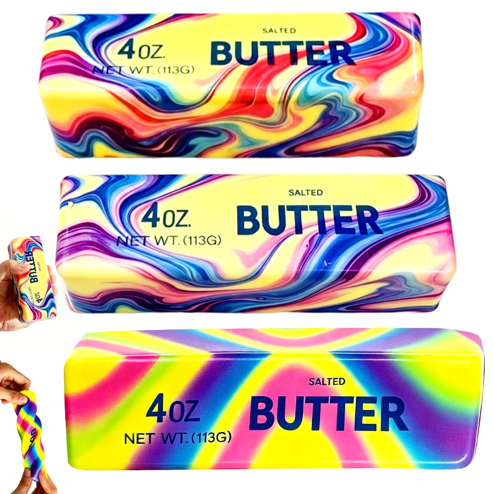 3PCS Butter Squishy, Rainbow Squishy Stress Balls, Butter Stick Fidget Toy, Cute Butter Stress Balls,Anxiety Relief Fidget Toys for Adults Office Home, Party Favors Decor - Red&Blue&Rainbow — image 1