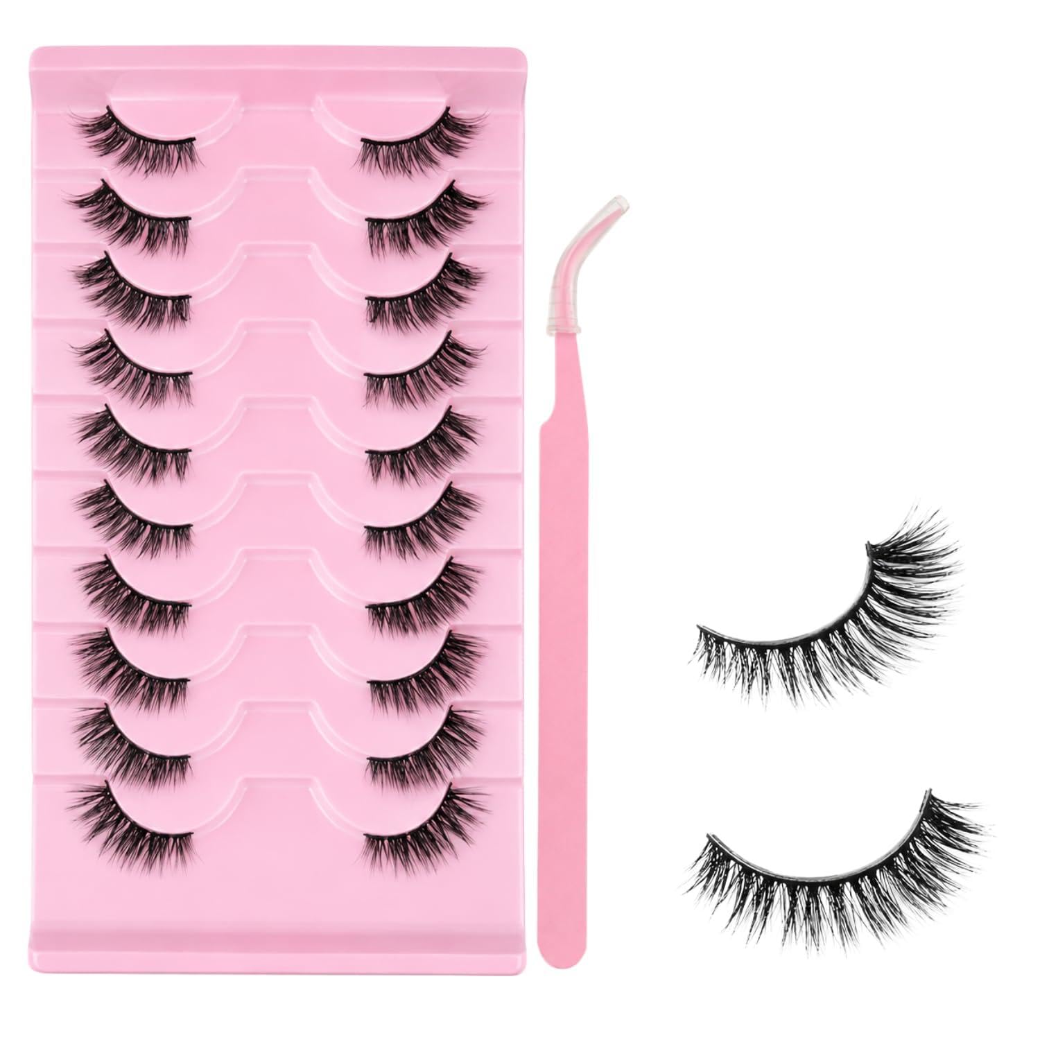 10 Pairs Fake Eyelashes, Mink Style Half Lashes, Natural Cat Eye Look, Lightweight Fluffy Strip, 3/4 Accent Corner Design, DIY False Eyelash Set with Eyelash Curler-image-32