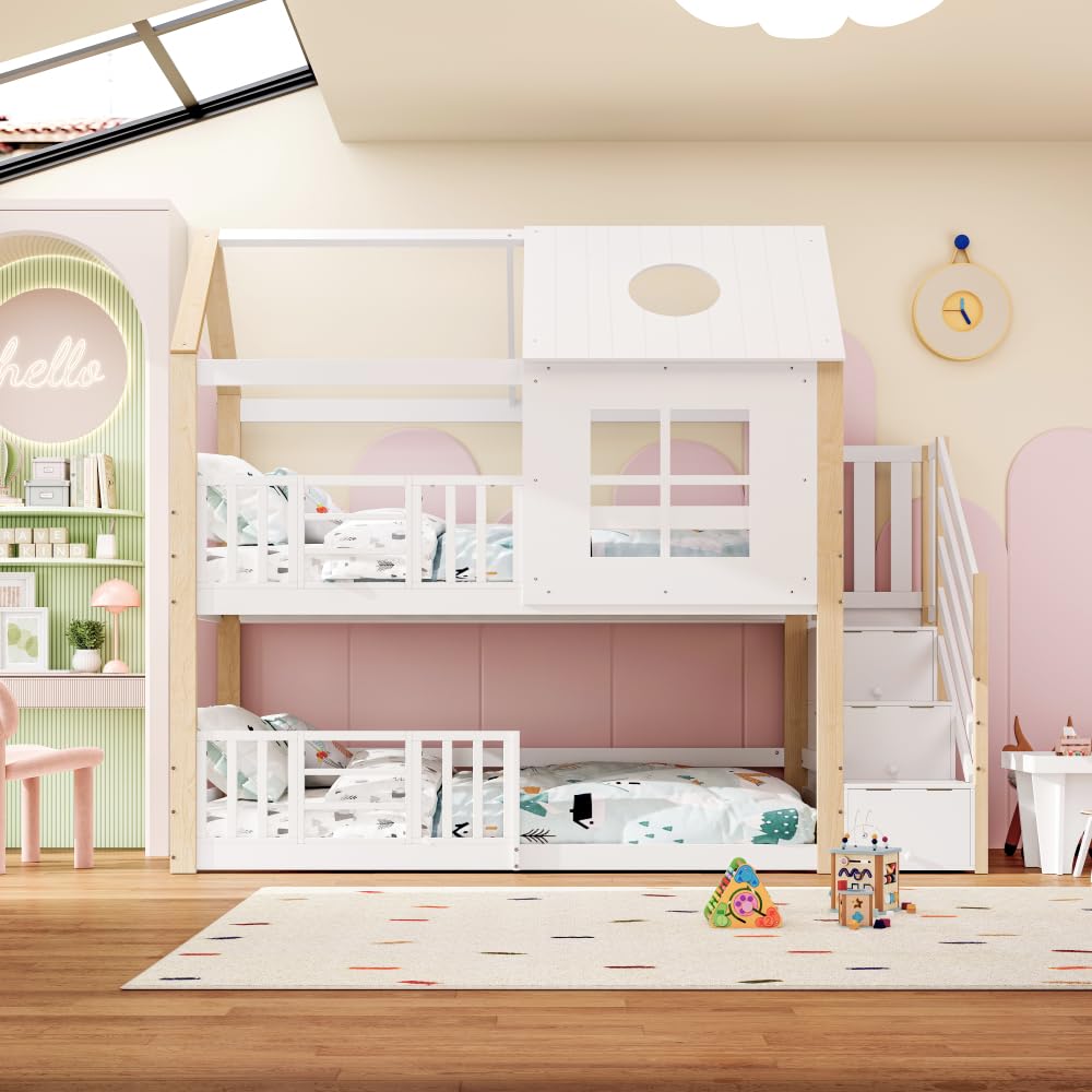 Litera para niños de 90 x 200 cm, con escalera de almacenamiento y techo, barrera anticaídas, diseño de ventana para habitación infantil