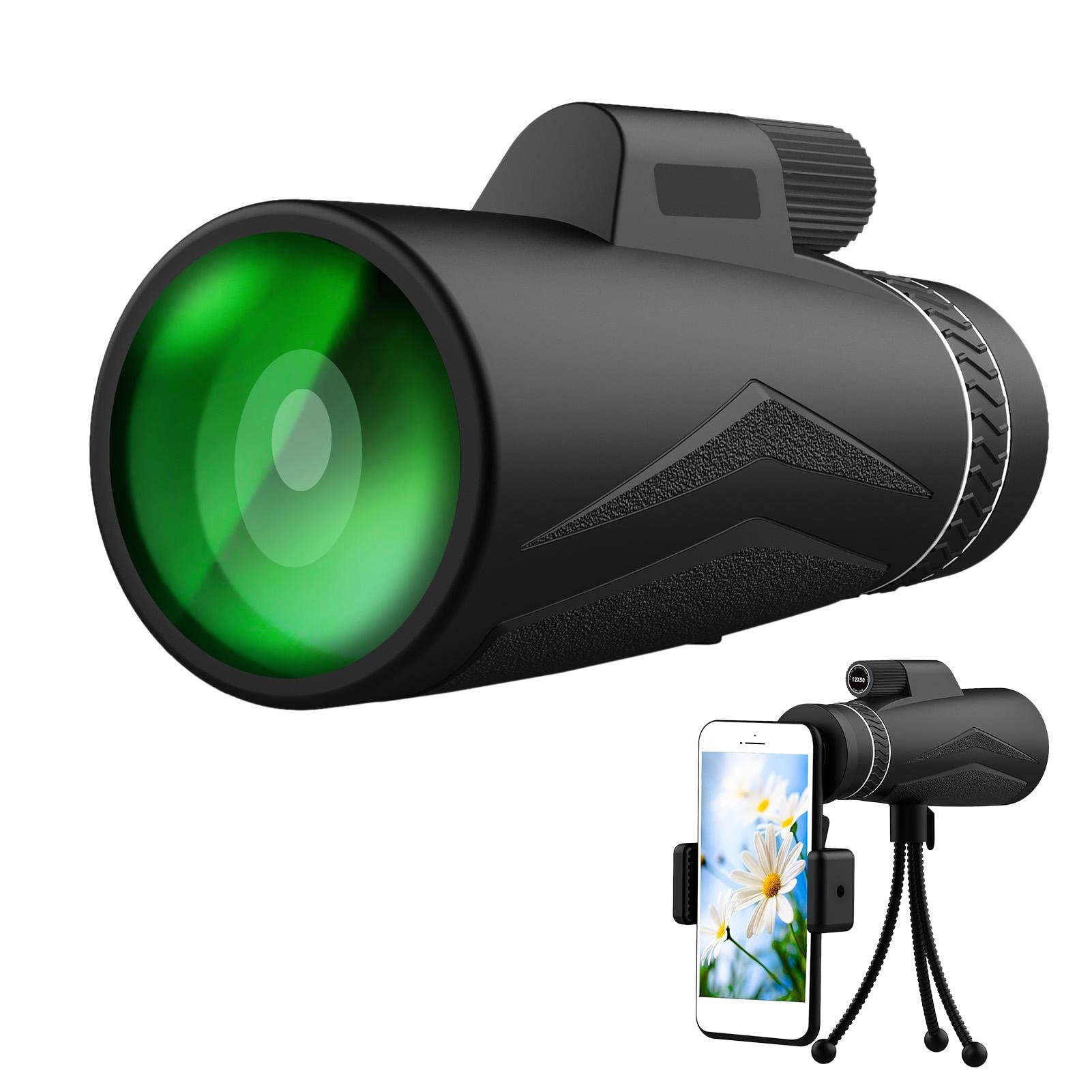 Teleskop monokularowy 12 X 50 HD, Profesjonalny monokular ze statywem do smartfona, Monokular ze statywem i uchwytem telefon do obserwacji ptaków kempingu, w?drówce, koncercie Purble