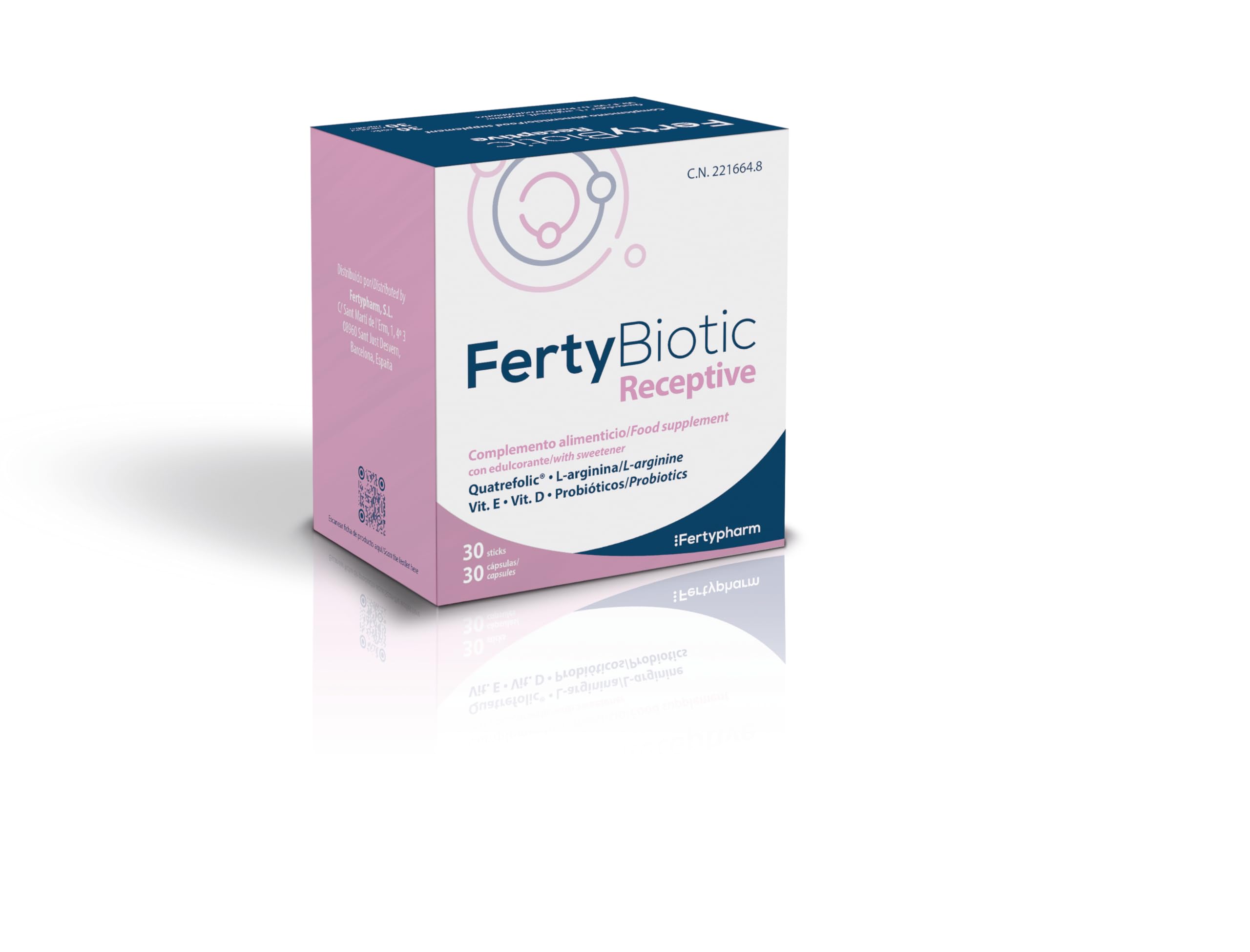 FERTYBIOTIC RECEPTIVE | Complemento alimenticio | L- Arginina, Vitamina D, E, Quatrefolic® y Probióticos novaFERT® | 30 sticks + 30 cápsulas