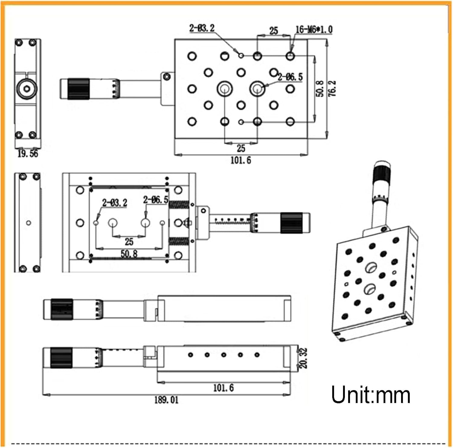 Fase lineare manuale del micrometro per il posizionamento meccanico, tavola di sintonia della piattaforma scorrevole di viaggio di 0-25mm, 101.6x76.2mm per ispezione e prova