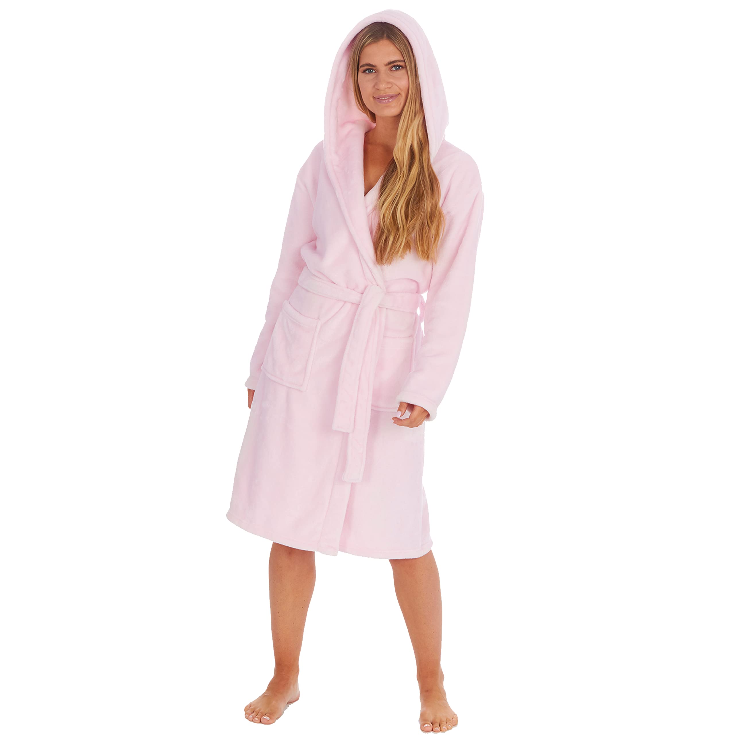 Metzuyan Women's Pink Hooded Plus Size Hooded Robe Curve Pink Plush Fleece Dressing Gown Pink 2XL