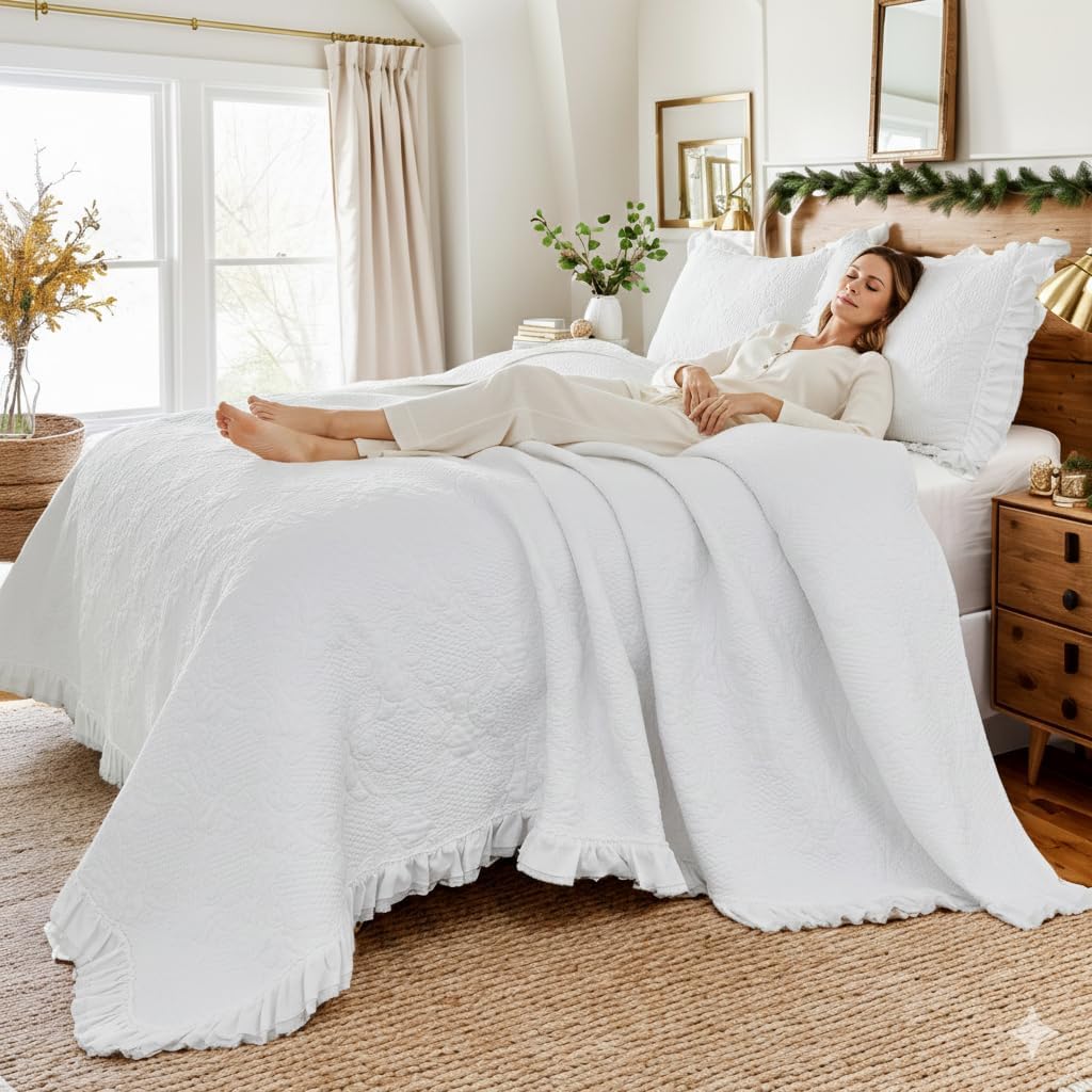 Brandream White Quilts Cotton King Size Shabby Chic Paisley Matelasse Coverlet Set Farmhouse Quilted Comforter Set Ruffle Bedspreads 3-Piece - Image 4
