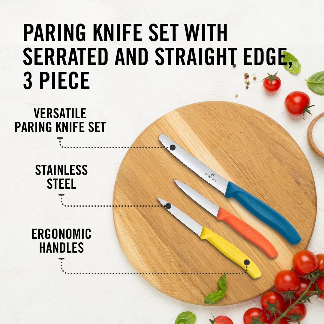 Victorinox Swiss Classic Paring Knife Set 3 Pieces, Straight/Wavy Yellow/Orange/Blue