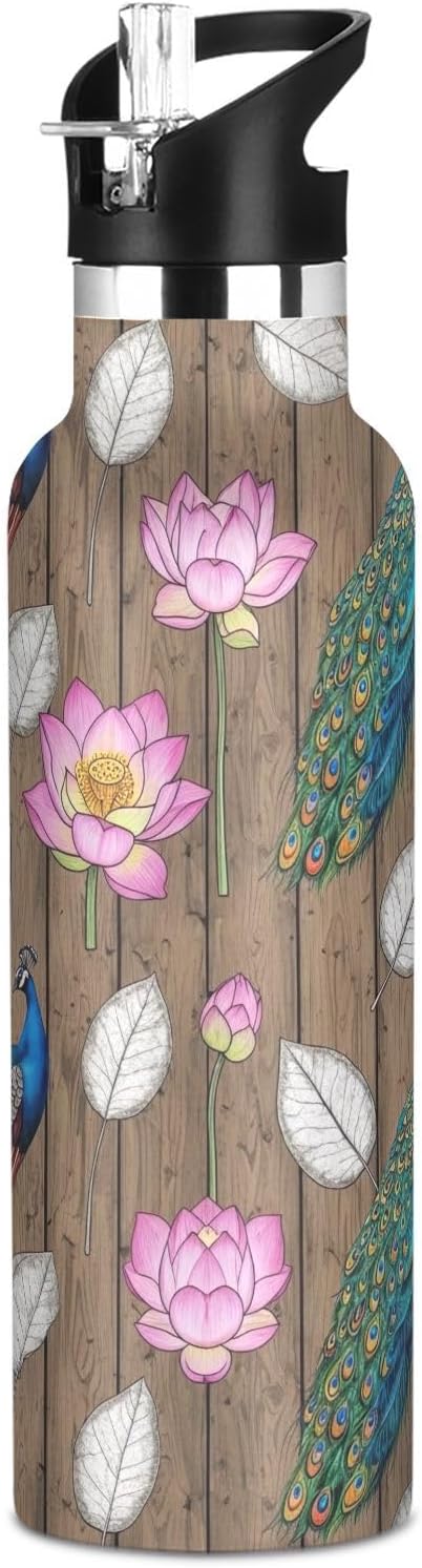 Kids Water Bottle with Straw Leakproof Insulated Water Bottle with Straw 20oz, BPA-Free, Colorful Peacocks