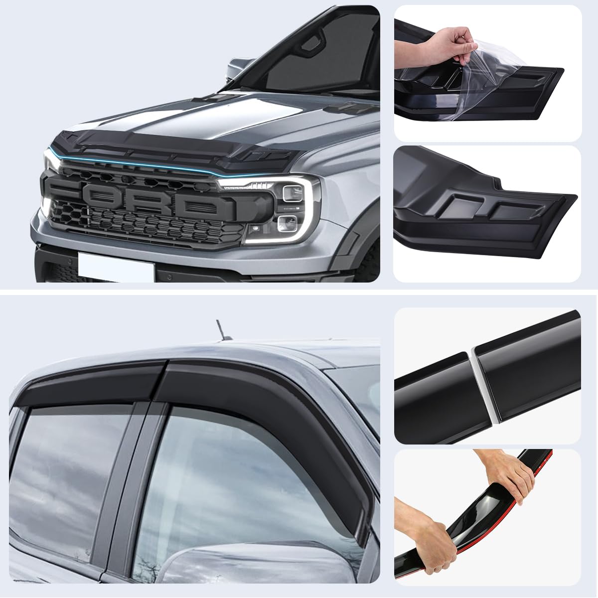 Protectores de capó y Deflectores de Viento Accesorios para Ford Ranger 2023-2024-2025 T9 Raptor Wildtrak Platinum XL XLT Limited Tremor Wildtrak X