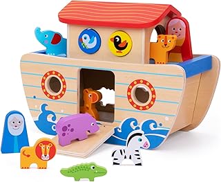 TOOKYLAND Wooden Noah's Ark Toys for Kids, Bible Story Toys Baptism Gifts for Girls and Boys, Animal Shape Sorter Toys Montessori Toys for 2 3 4 Year Old