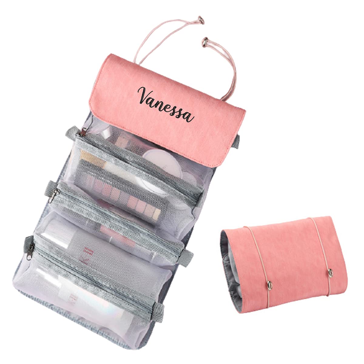 GOPHIE Personalized Toiletry Bag Embroidery Roll-Up Cosmetic bag Foldable Portable Travel Organizer Custom Women's Cosmetic Makeup Kits for Women