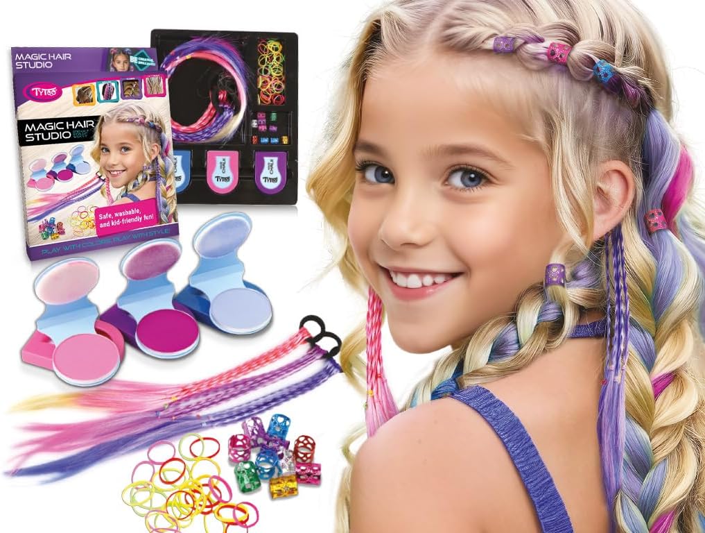 TyToo Magic Hair Studio – zestaw kredy do włosów dla dziewczynek z kolorowymi pasmami włosów, błyszczącymi perłami, gumkami do włosów, spinkami do włosów, kompletny zestaw do stylizacji włosów dla