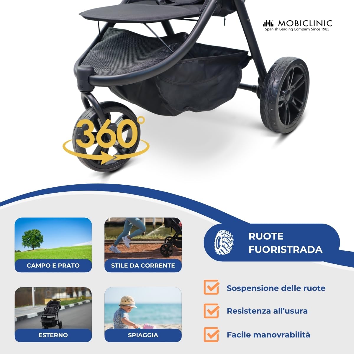 Mobiclinic® kids, Passeggino a 3 ruote, Agnes, Fuoristrada, Manubrio monocomando, Imbracatura 5 punti, Tasca posteriore, Stile sportivo, Chiusura clic, Cesto xxl, Fino 22 kg