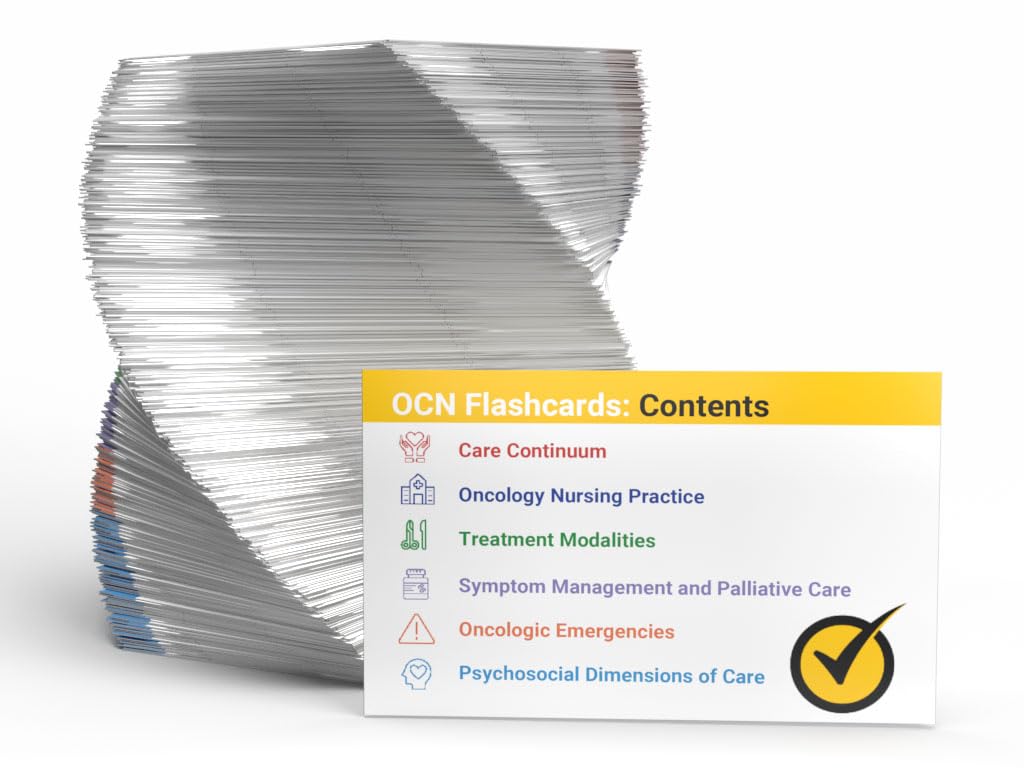 Karty do nauki OCN 2023-2024: Przegląd egzaminu i pytania praktyczne do testu ONCC Oncology Certified Nurse Test [Pełne kolorowe karty]