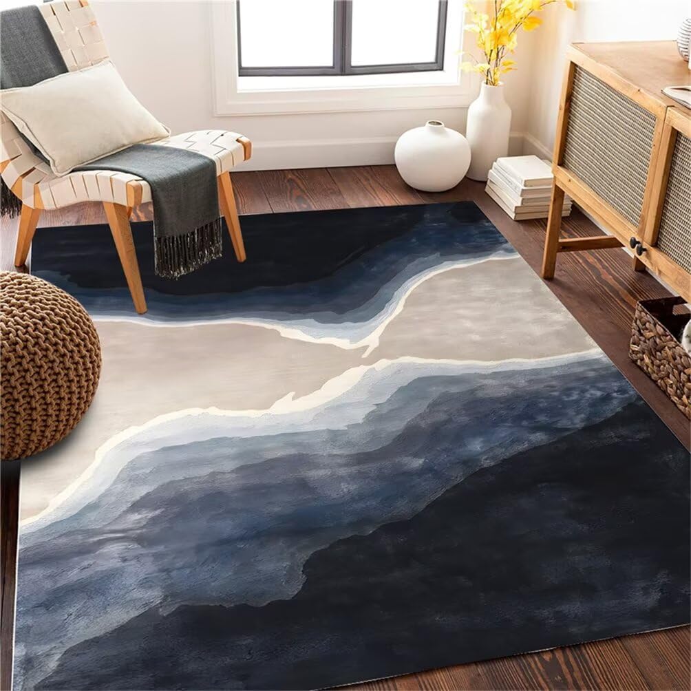 Tapis de chambre garçon 180x250cm bleu et noir motif encre abstraite