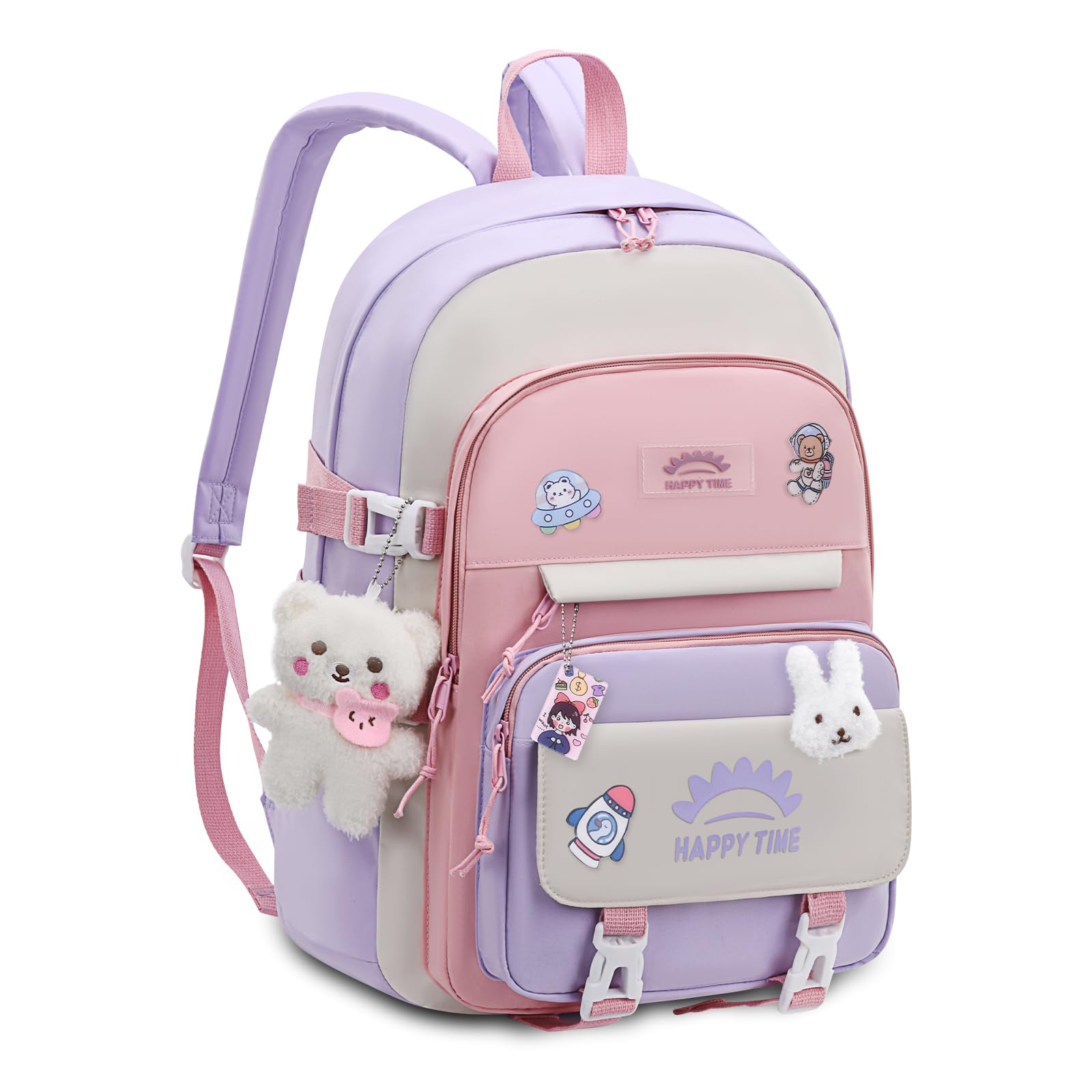 Tanou Mochilas Escolares Niña, 20 Litros Mochila para Niñas con Colgante de 8 a 12 Años, Ligera e Impermeable Mochila Kawaii Escolar de Nailon para Niñas, Morado