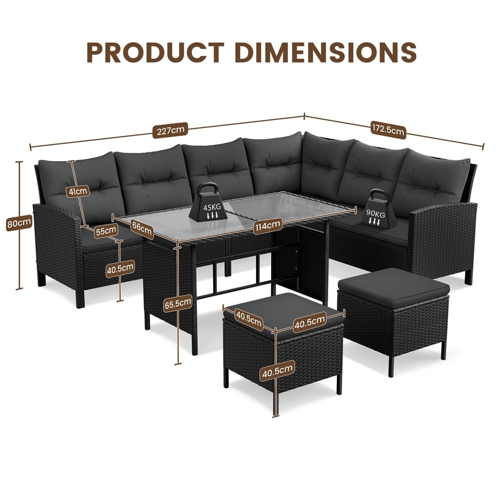 Yaheetech Set Mobili da Giardino in Rattan PE con 1 Divano ad Angolo 1 Tavolo 2 Pouf, Mobili Esterni 7 Posti con Cuscini per Patio Balcone Terrazza, Nero e Grigio