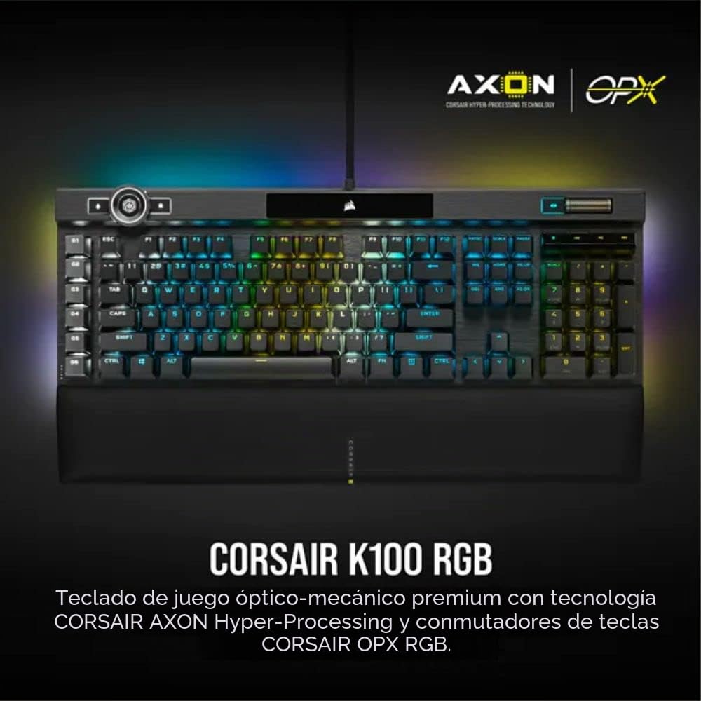 Corsair K100 RGB Teclado para Juegos con Cable Óptico-Mecánico - Interruptores OPX - PBT Double-Shot - Integración Elgato Stream Deck - Compatible con iCUE - PC, Mac, Xbox - QWERTY ES - Negro