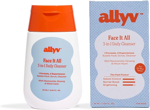 Allyv Face It All 3-in-1 Daily Face Cleanser – Bubble Pack, Scrub & Cleanser with Niacinamide, Ginseng & Witch Hazel, Sebu...