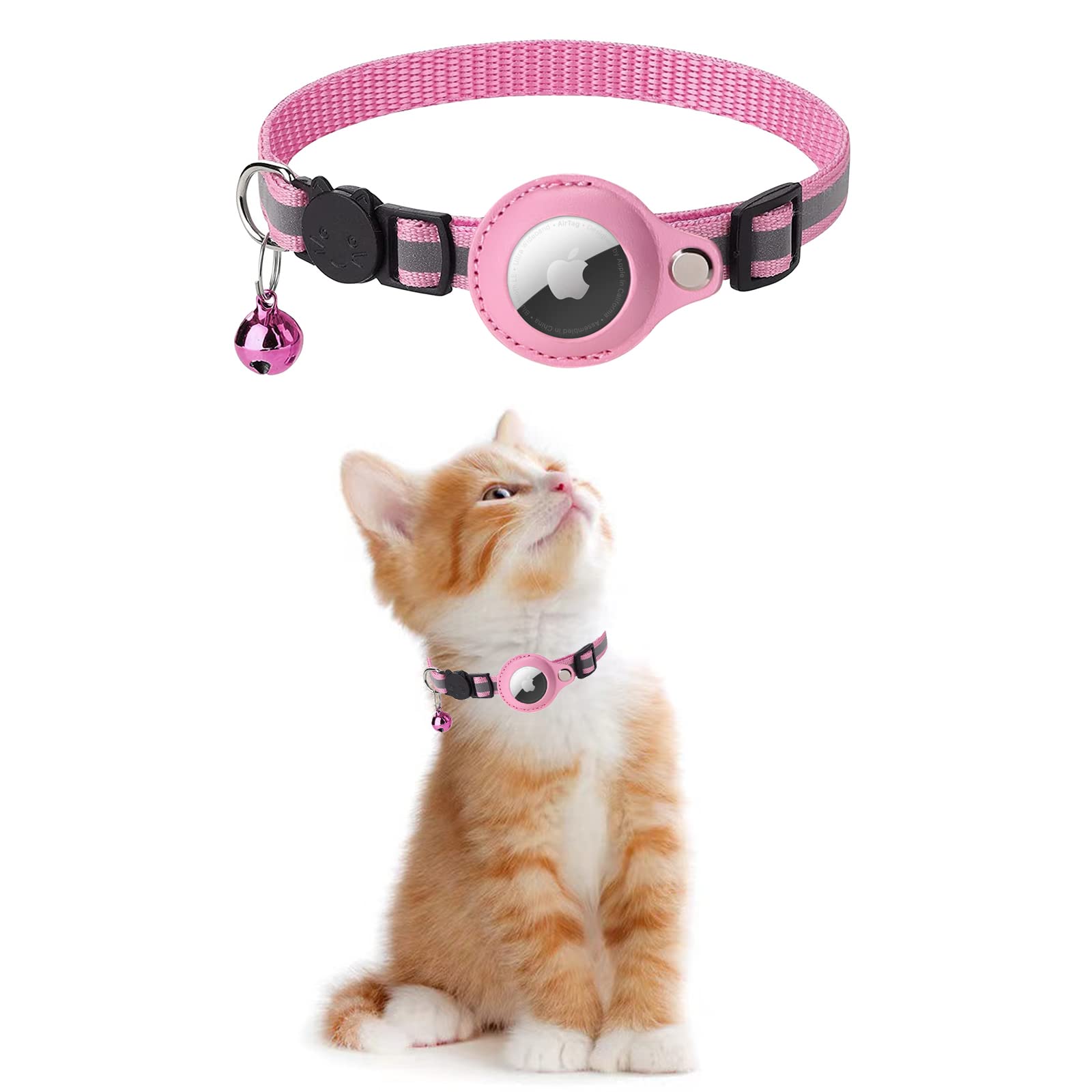 KOLACEN Collar Reflectante AirTag para Gato, Collar de Gato GPS con Ajustable para AirTag y Hebilla Compatible con Apple AirTag, Collar antipérdida de Gato para Gatos Gatitos Perros pequeños (Rosa)