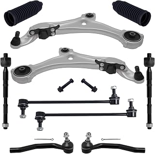 TUCAREST 10Pcs Suspension Kit Fit For 2011-2017 Ni-ssan Quest, 2 Front Lower Control Arm w/Ball joint + 4 Outer Inner Tie Rod + 2 Sway Bar + 2 Boots [# 524-221 524-222 K750783 EV801340 ES801267]