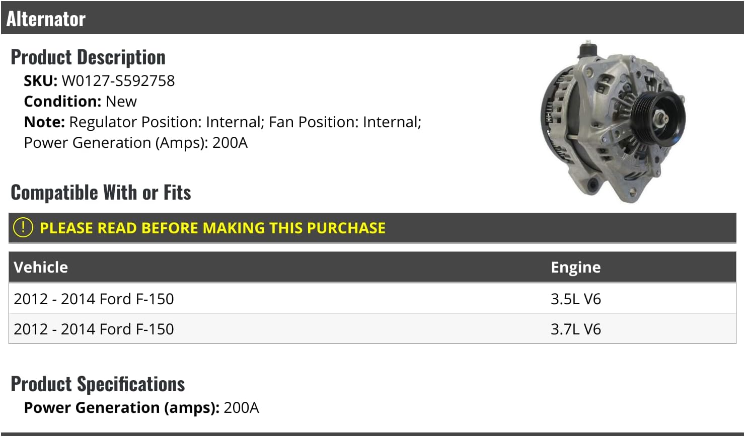 Alternator - 200 Amp - Compatible with 2012-2014 Ford F-150 3.5L 3.7L V6