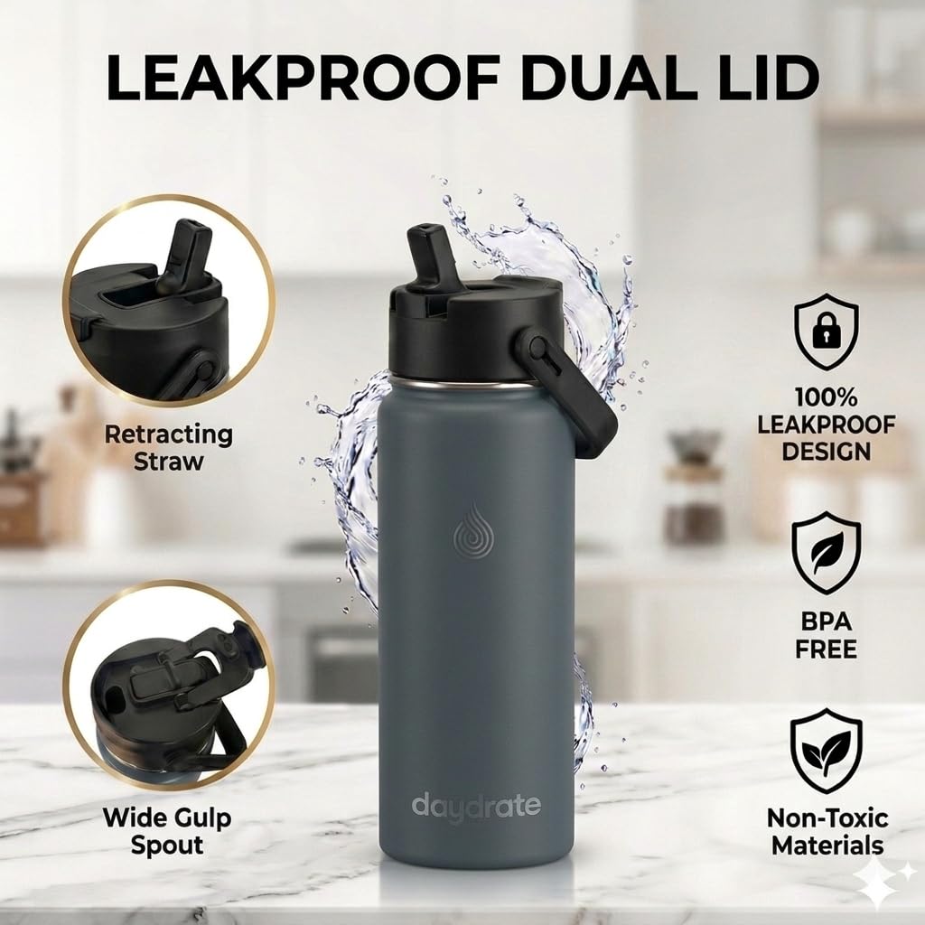 Insulated Metal Water Bottle with Straw 750ml- Stainless Steel Water Bottle, BPA Free, Dual Lid Straw & Spout, Leakproof, 24 Hours Cold & Hot, Work, Travel, Gym Bottle for Men & Women - Grey- Daydrate - 2