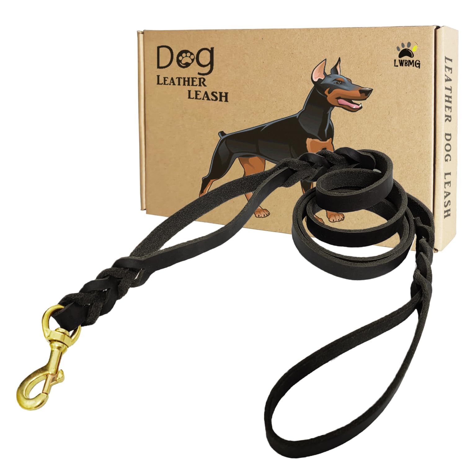 LWBMG Double Handle Leather Dog Leash 6 Foot - Heavy Duty Dog Leash with Traffic Handle - Braided Leather Lead for Small Medium Large Dogs