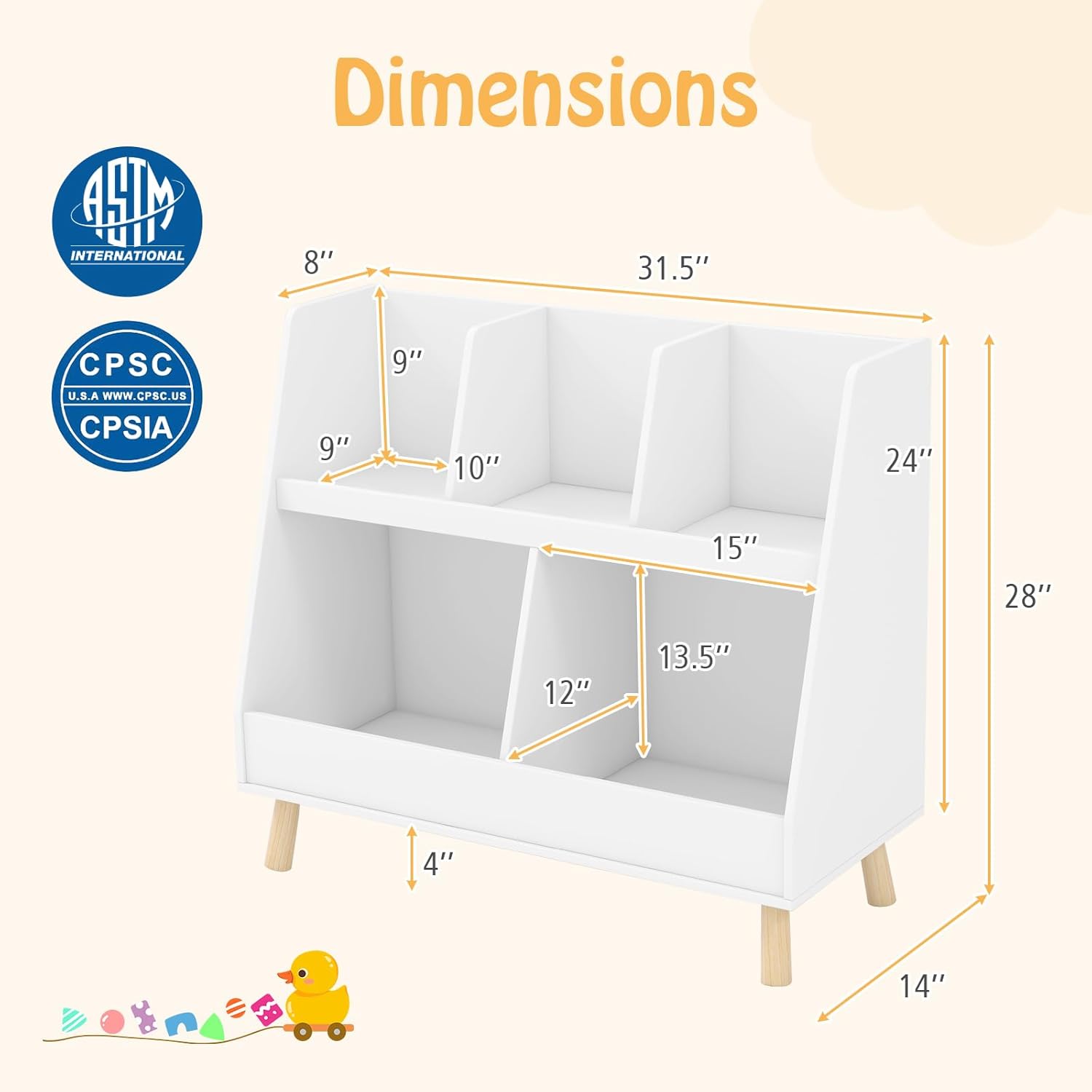 HONEY JOY Toy Storage Organizer with Bookcase, 5-Cubby Children Toy Storage Cabinet, 2-Tier Open Book Display Organizer w/Legs, Free Standing Bookshelf for Playroom, Bedroom, Nursery (White)
