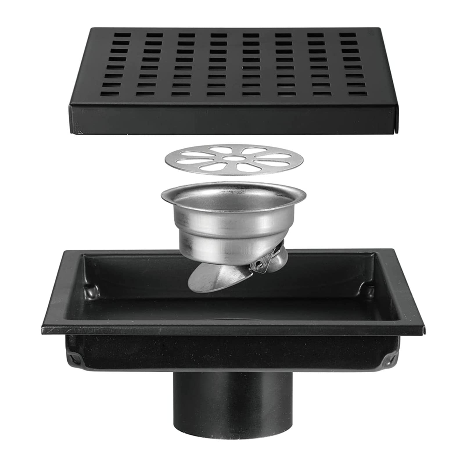 Scarico quadrato per doccia da 15,2 cm, con griglia rimovibile e raccogli capelli, in acciaio inox SUS 304, per bagno, colore nero